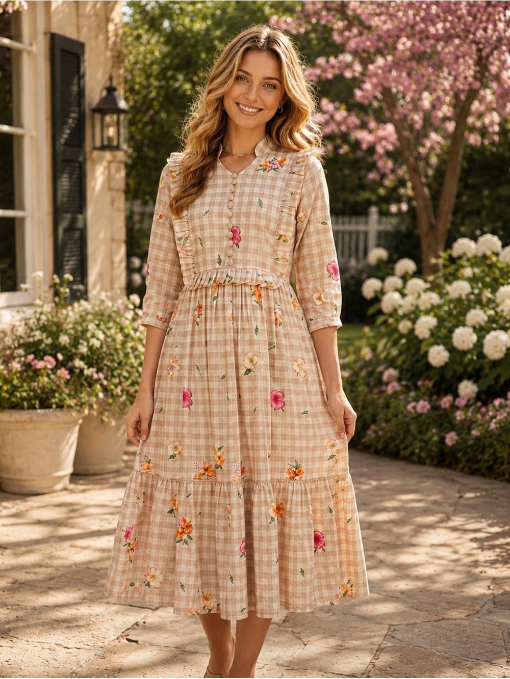 Gingham Floral Muslin Silk Midi Dress - Women's Summer Dress New